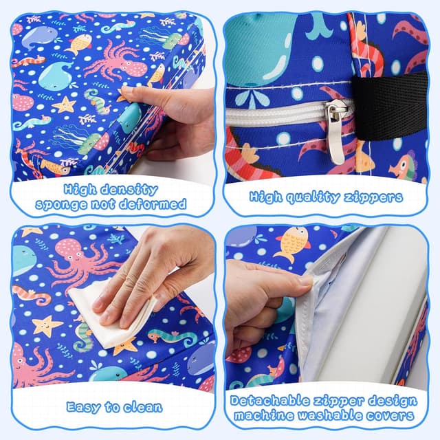 Detalle de Blue Toddler Booster Seat for Dining Chair with PU Cover, Non-Slip Base & Adjustable Seat Belts