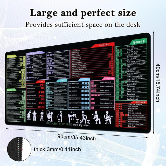 Detalle de Yimomoyi Mousepad „Excel Shortcuts“ – XXL Schreibtischunterlage 900 x 400 mm mit Anti-Rutsch-Unterseite