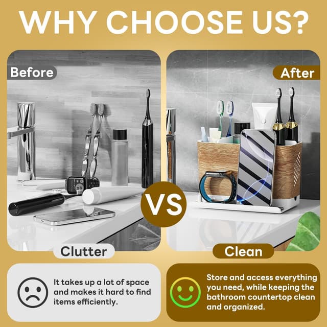 Detalle de toprance Detachable Wood Grain Toothbrush Holder with 6 Slots, Front Ledge & Cord-friendly Design