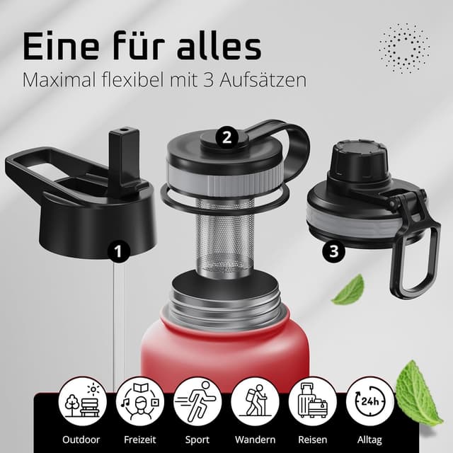 Detalle de ACTIVE FLASK Trinkflasche aus Edelstahl mit Strohhalm-Verschluss (3 Deckel), BPA-frei, auslaufsicher