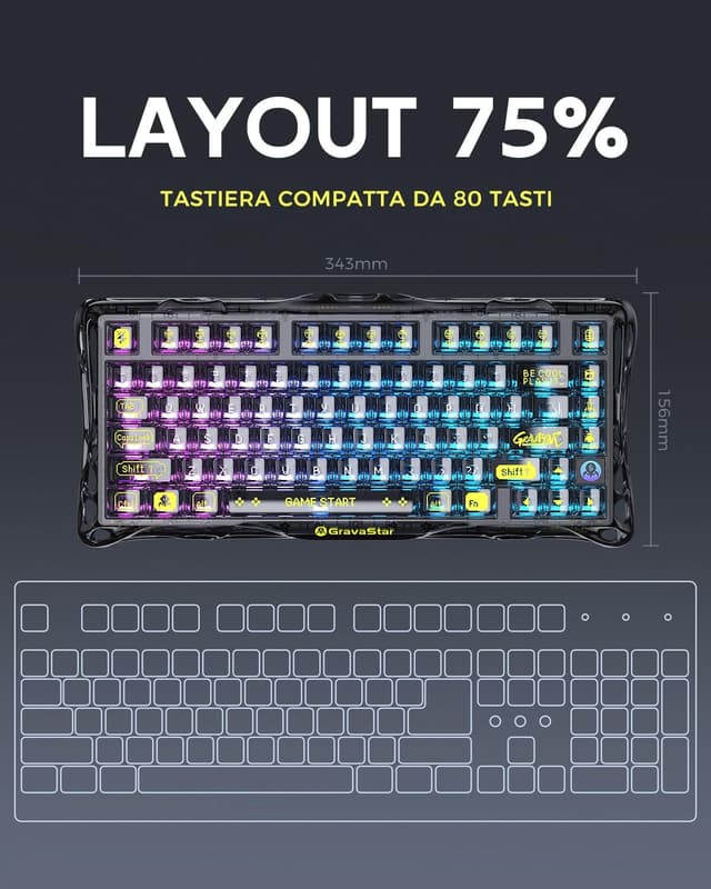Detalle de GravaStar Mercury K1 Lite tastiera meccanica wireless 75% con BT 5.0/2.4G/USB-C e RGB