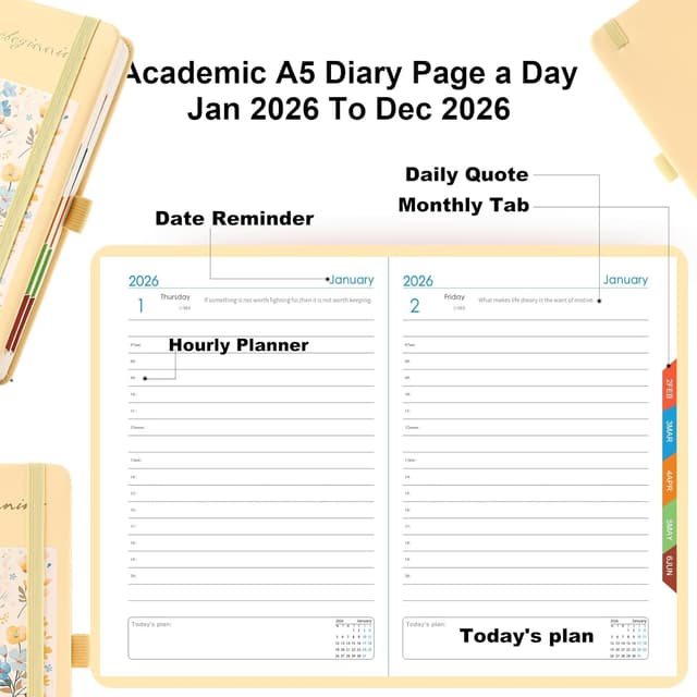 Detalle de Mcdsuc Diary 2026 Day to Page A5 organiser (Jan–Dec 2026) with pen holder and coloured side tabs