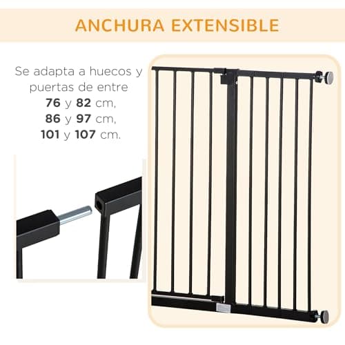 Detalle de PawHut barrera de seguridad extensible para puertas y escaleras (76-107 x 76 cm), ajuste a presión y apertura con una sola mano