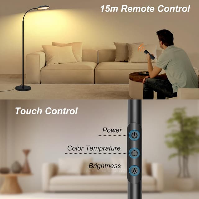 Detalle de Elegante Diamant-LED Stehlampe für Wohnzimmer, dimmbar (18 W, 1.800 lm) mit Fernbedienung & Touch, schwarz