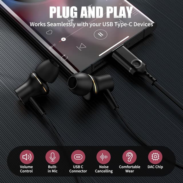Detalle 2 de ACOCBUY USB-C Headphones with Mic for Samsung, iPhone & Pixel (Wired In-Ear) – Black