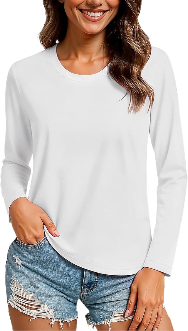 Detalle de TACVASEN Langarmshirts für Damen aus Baumwolle mit Rundhalsausschnitt – klassisches Basic für Yoga & Alltag