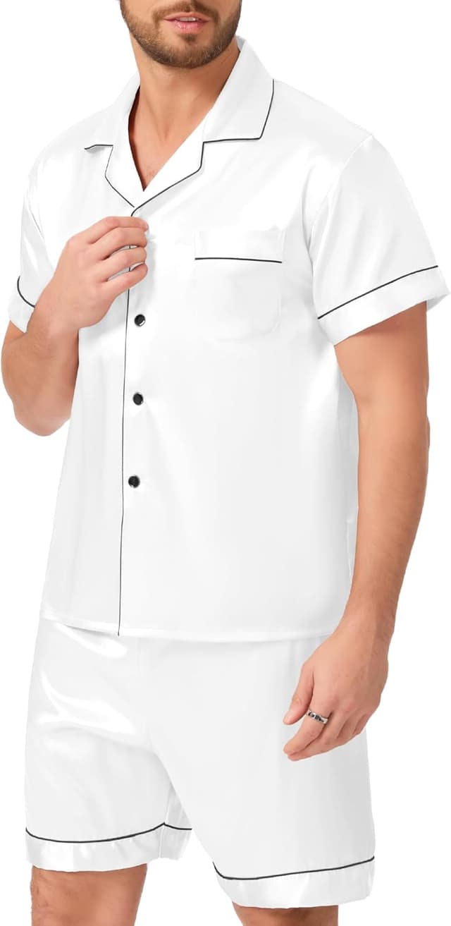 Detalle de Pyjama satin homme court Lovasy : ensemble deux pièces chemise boutonnée et short respirant
