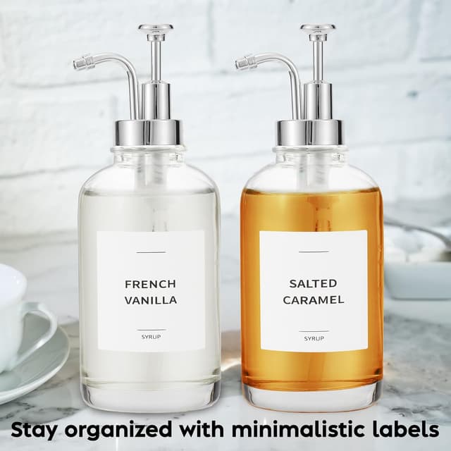 Detalle de Spaceneat Coffee Syrup Dispenser with Pump (Glass) – 500 ml bottle set with labels, brush & funnel