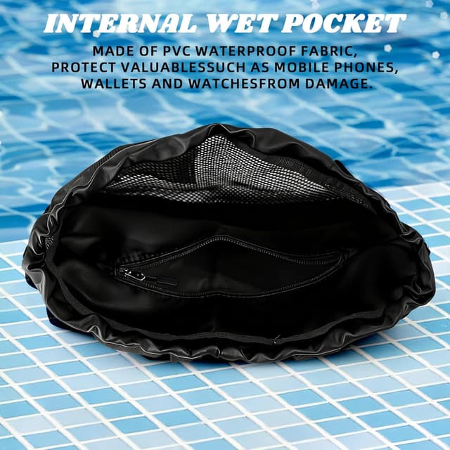 Detalle de QBEJIME Swimming Bag Mesh Drawstring with Wet Pocket and Waterproof Zipper