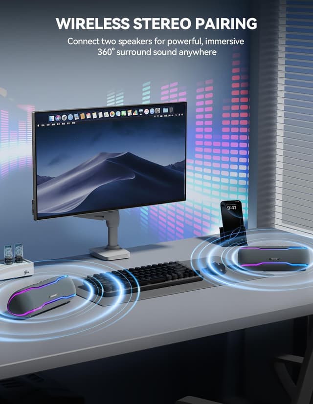 Detalle de TECKNET TK-BS002 Bluetooth 5.4 portable speaker with 30W stereo sound, RGB lights and IPX7