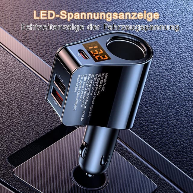 Detalle 2 de RLCWerk 4-in-1 Zigarettenanzünder-Verteiler mit USB‑C Ladegerät bis 128 W und Spannungsanzeige