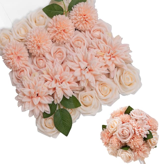 Detalle de TINGE TIME – Lot de 23 fleurs artificielles en soie avec tiges pour bouquets, déco de mariage et fleurs de gâteau (rose pâle)