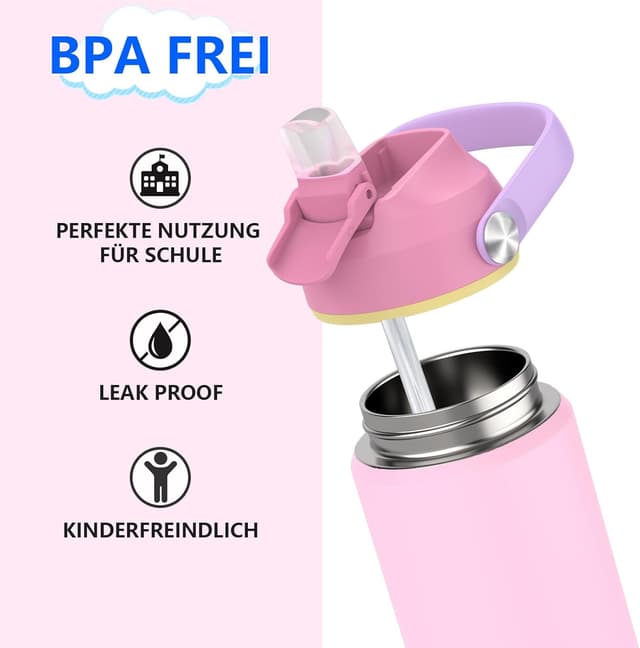 Detalle de Ntswasd Trinkflasche aus Edelstahl mit Strohhalm, 550 ml (BPA-frei) – auslaufsichere Thermoflasche für Schule, Sport & Kinder (Rosa)