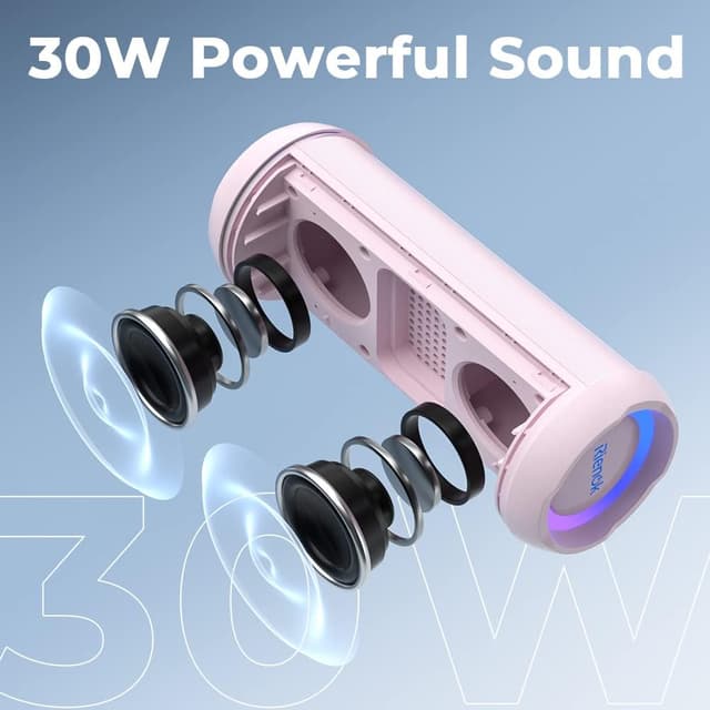 Detalle 2 de RIENOK Bluetooth Speaker 30W (IP67) Dual Pairing Wireless Speaker with Bass Boost, TF/AUX & RGB