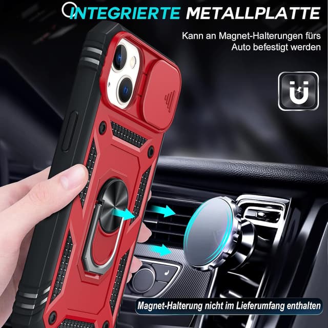 Detalle 2 de LeYi iPhone 14 6.1" case with sliding camera cover, 360° armour protection and ring stand (2-pack tempered glass)