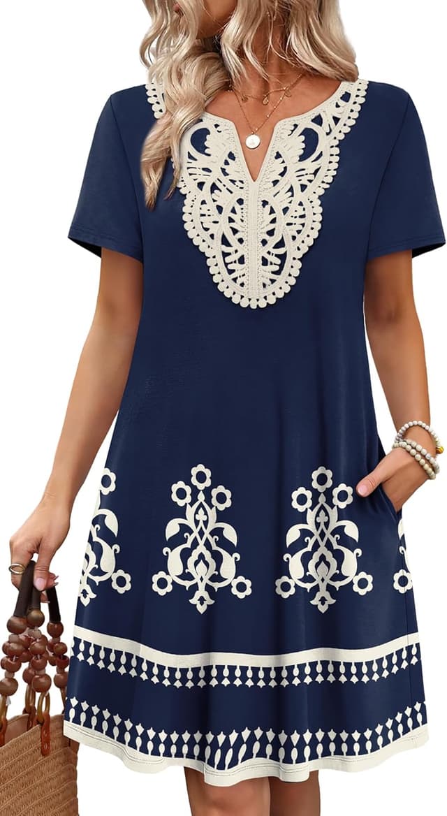 Detalle de WIHOLL Women’s Lace V-Neck T-Shirt Dress for Summer, Wedding Guest & Vacation Wear