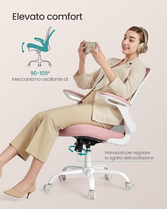Detalle de SONGMICS OBN037R01 sedia da ufficio girevole in rete con supporto lombare e braccioli pieghevoli, rosa pastello