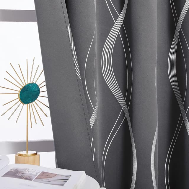 Detalle de Pony Dance Blackout Curtains (Blackout, Grey) with Silver Wave Foil Print, 2 Panels, Thermal Insulated