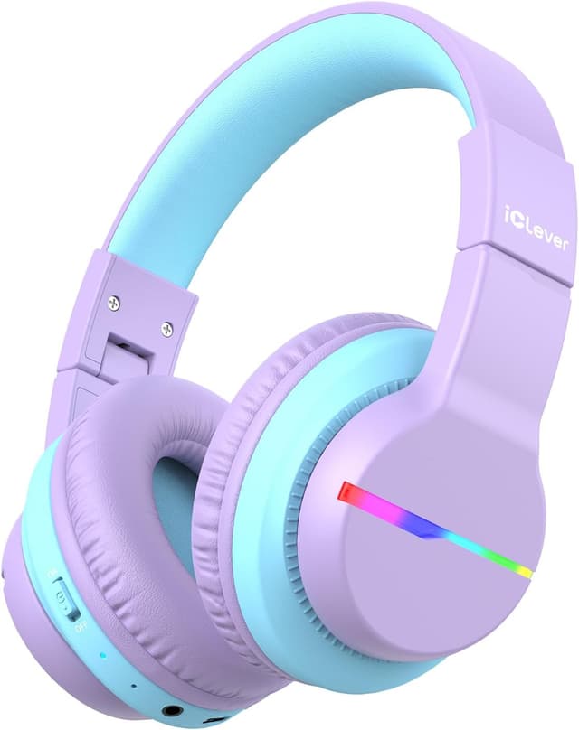 Detalle de iClever Bluetooth Kids Headphones (BTH12) with LED Lights, 74/85/94dB Limit, Bluetooth 5.2 and Built-in Mic