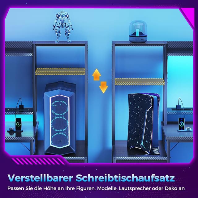 Detalle 2 de Coleshome Gaming Tisch mit Regal und Schubladen (137×48 cm) – LED-Beleuchtung & Steckdose, Carbon Fiber Schwarz