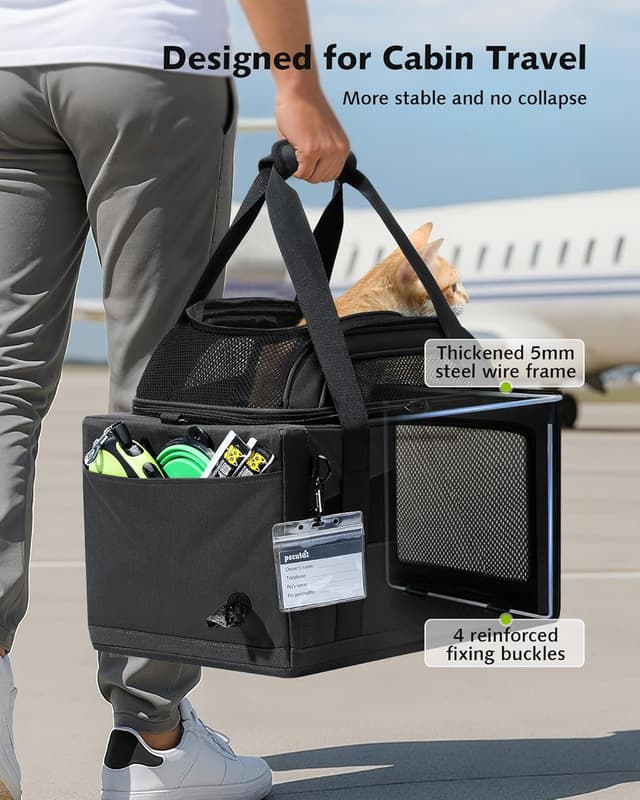 Detalle de Pecute Airline Approved Top Expandable Cat Carrier (Dark Grey) with Breathable Mesh Windows