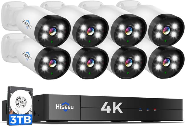 Detalle de Hiseeu 4K Wired Security Camera System with Audio, 3TB DVR, AI Human/Vehicle Detection, 8x 8MP IP67 IP Cameras