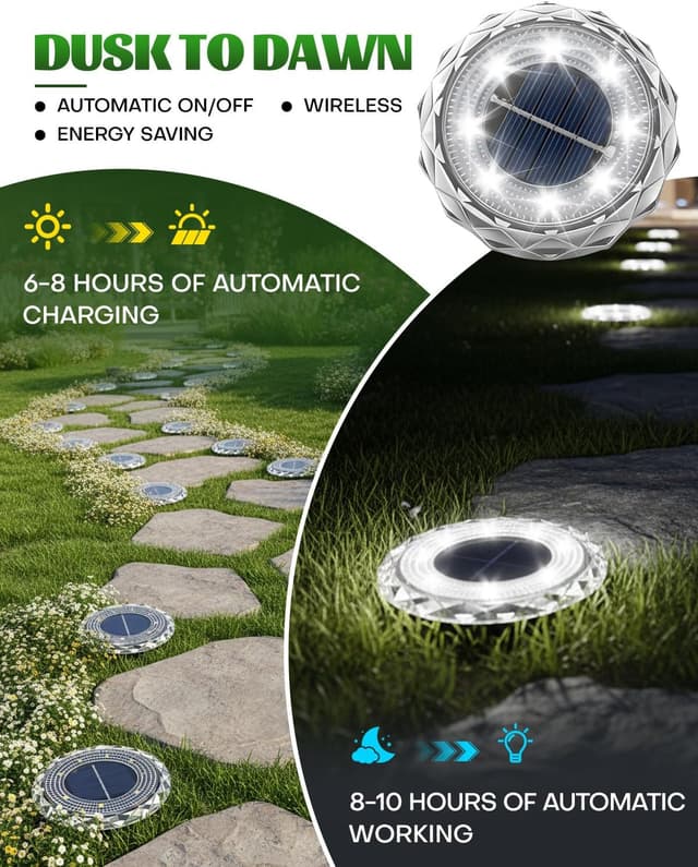 Thumbnail 1 de Airoieak Solar Garden Stake Lights (IP68, 8 LEDs) – 12 pack cool light pathway & lawn illumination