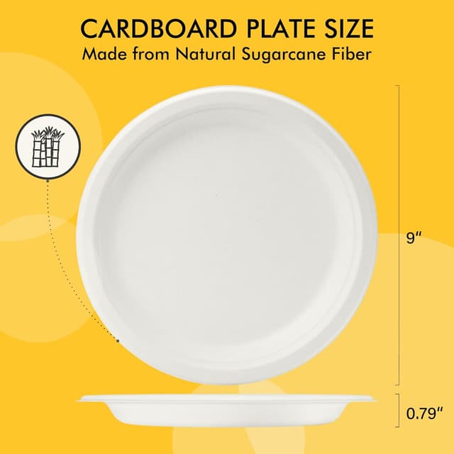 Detalle de RACETOP Disposable Compostable Paper Plates (9 Inch, 125 Pack) — White Bagasse, Heavy-Duty Sugarcane-Fiber Plates