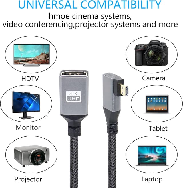 Detalle de RIIEYOCA 4K Micro‑HDTV auf HDMI Kabeladapter (90°) – Micro‑HDMI Stecker auf HDMI‑Buchse, Aluminium, 20 cm