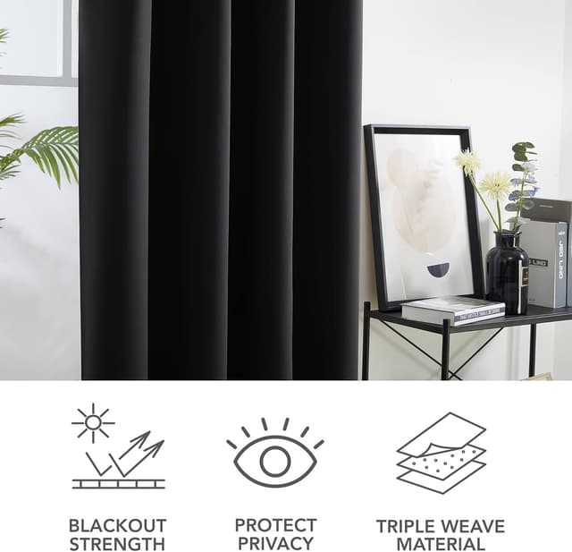 Detalle de Deconovo Eyelet Thermal Blackout Curtains (Ring Top) – Black, 140 x 260cm, 1 pair