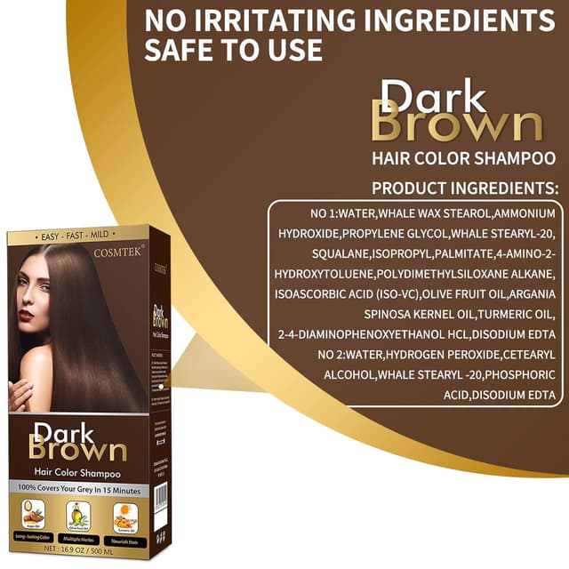 Detalle de COSMTEK Dark Brown Hair Dye Shampoo (Ammonia-Free, 3-in-1) for Men & Women — 500ml