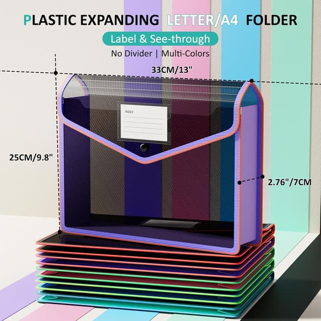 Detalle de ThinkTex A4 Plastic File Folder (5 Pack) – Transparent Snap Closure Document Envelopes, No Dividers, Assorted Colours