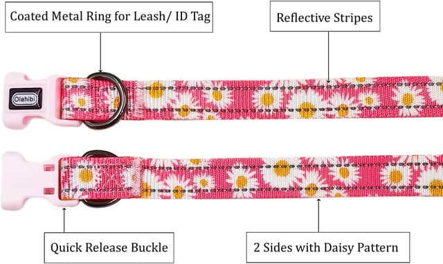 Detalle de Olahibi Basic Dog Collar (M, Pink Daisy) with Reflective Stripes