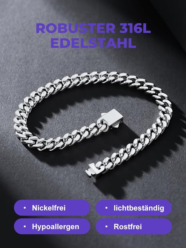 Detalle 2 de Richsteel Herren Armband Kubanische Kette Edelstahl Silber/Gold/Schwarz – wahlweise Breite 5/7/9/12 mm, Längen 19/21/23 cm