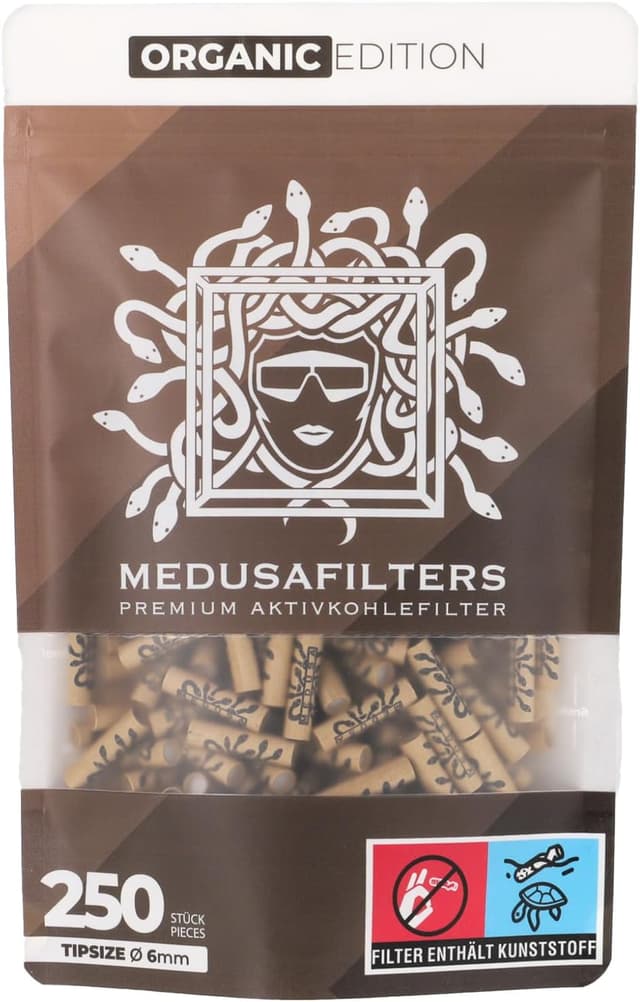 Detalle de Medusafilters Organic Edition: 250 Slim-Aktivkohlefilter (6 mm Ø) mit veganen Fasercaps & Kokos-Aktivkohle