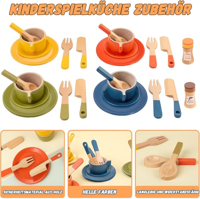 Detalle de GAGAKU Holz-Geschirrset für Kinder (26-teilig) – Kinderküche & Spielküche Zubehör