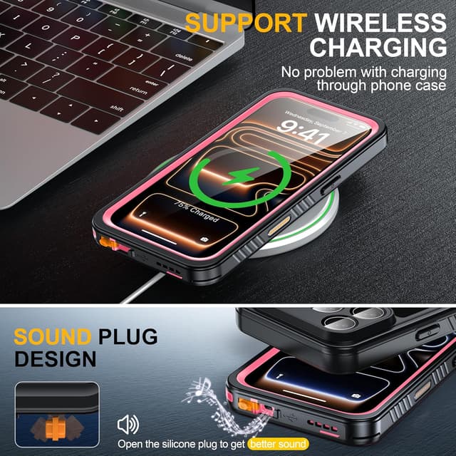 Detalle de ANTSHARE iPhone 17 Pro Rugged Case (IP68) with Built-in Screen Protector, 12 FT Drop Rating, Pink/Clear