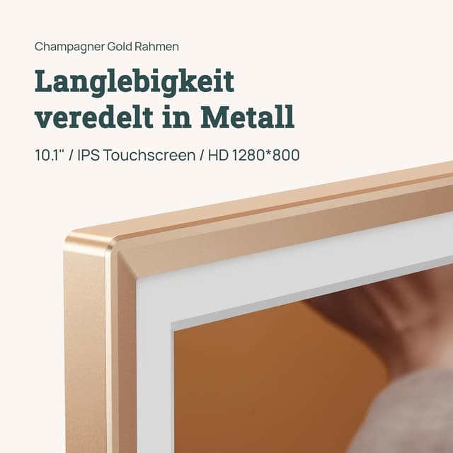 Detalle de ARZOPA D10 Metall digitaler Bilderrahmen 10,1" mit WLAN & kostenlosem Cloud-Speicher (Gold)