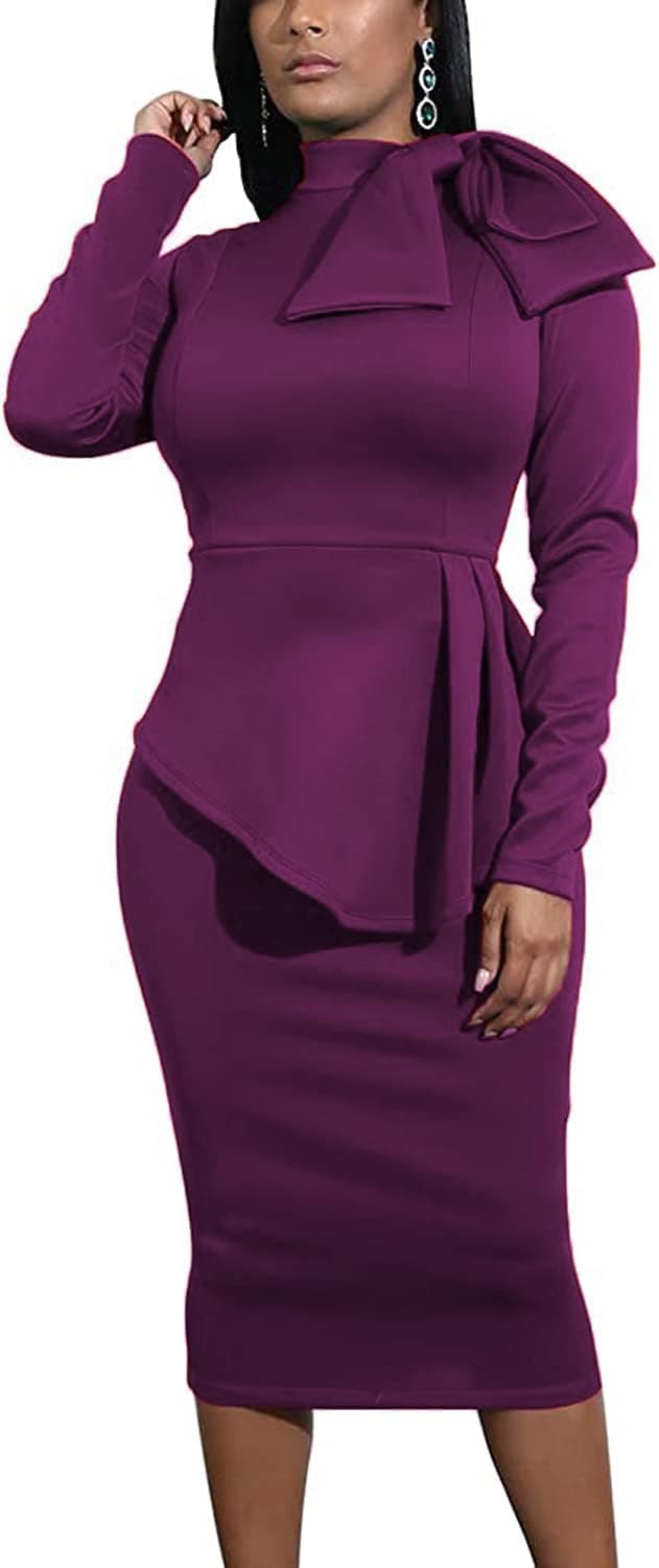 Detalle 2 de Women’s Peplum Bodycon Long Sleeve Bow & Ruffle Pencil Dress (Work to Party)