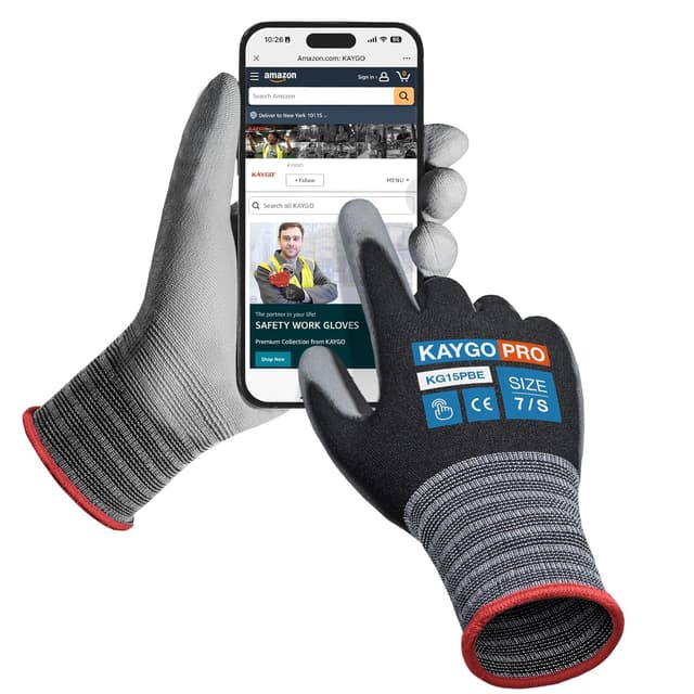 Detalle de KAYGO Thin Work Gloves PU Coated (12 Pairs) Touchscreen – KG15P Lightweight Safety Gloves, Black, S