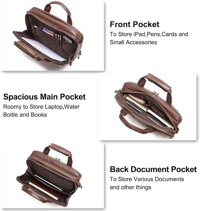 Detalle 2 de 15.6 Inch PU Leather Briefcase for Men – Waterproof Retro Business Laptop Bag (Messenger/Travel)