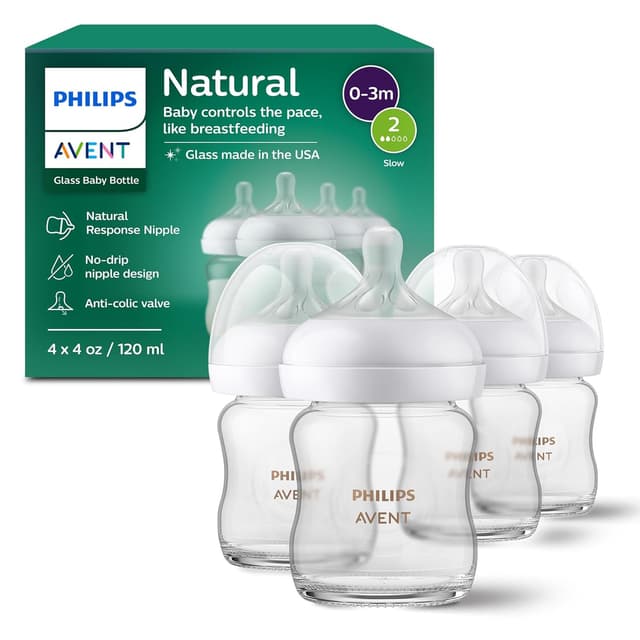 Detalle de Philips Avent Natural Glass Baby Bottles with Natural Response Nipples (Slow Flow, Flow 2) 4oz, 4-Pack (SCY910/04)