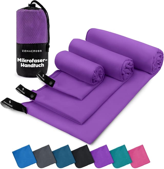 Detalle de ZENACROSS Mikrofaser Handtuch 3er Set mit Transportbeutel – schnelltrocknendes Sporthandtuch in Lila (XS, S, M, L)
