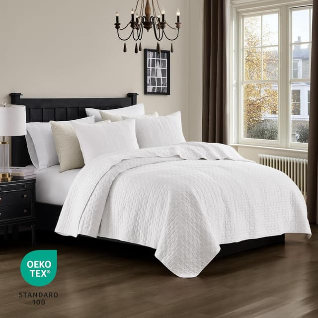 Detalle 2 de palassio White 100% Cotton Quilt Queen Bedding Set (3-Piece) with 2 Pillow Shams