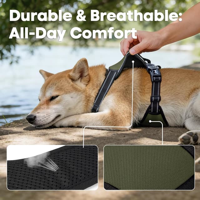 Thumbnail 6 de PoyPet No Pull Dog Harness with Reflective Vest, 2 Leash Attachments and Control Handle (Army Green, L)