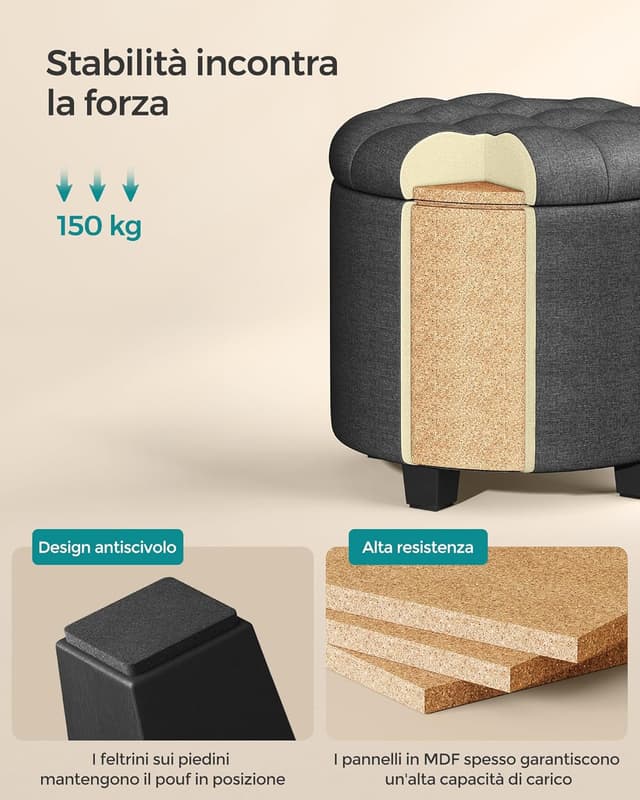 Detalle 2 de SONGMICS LOM011G01V1 pouf contenitore rotondo grigio scuro 45 x 45 x 44,5 cm