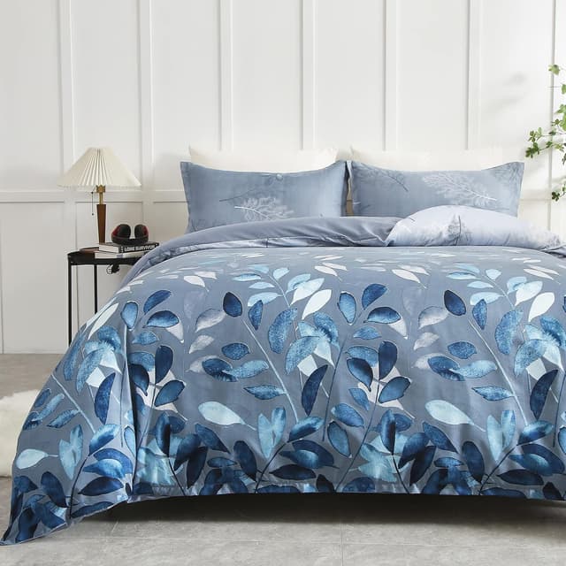 Detalle de DJY Floral Duvet Cover King Blue Leaves Bedding Set (220x230cm) with Reversible Design & Zip Closure