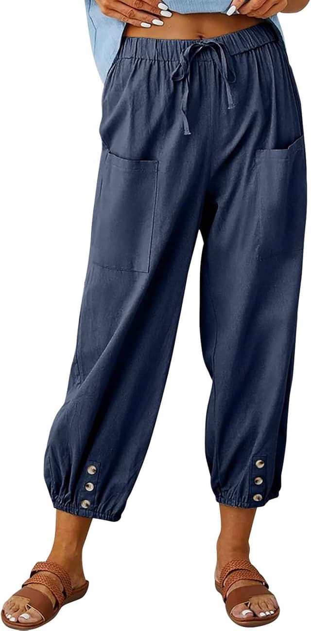 Detalle de Pantalon femme d’été en coton fluide – pantacourt 7/8 à taille élastique, ample et décontracté
