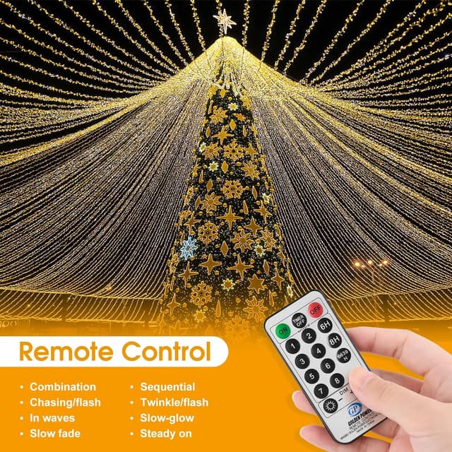 Detalle de Outdoor Christmas Tree Fairy Lights (Mains Powered) – 15m String Light with Remote, Waterproof IP44, 150 Warm White LEDs
