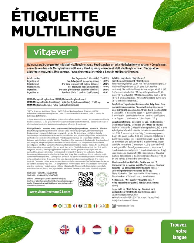 Detalle 2 de Vit4ever Poudre de MSM 99,9% (1 kg) – méthylsulfonylméthane cristallin, maille 40–80